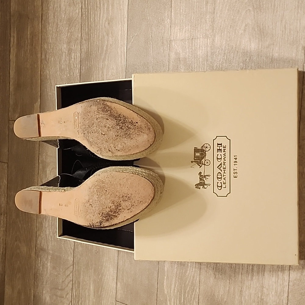 Coach Black Wedge Sandals with Tan Accents - Picture 4 of 10